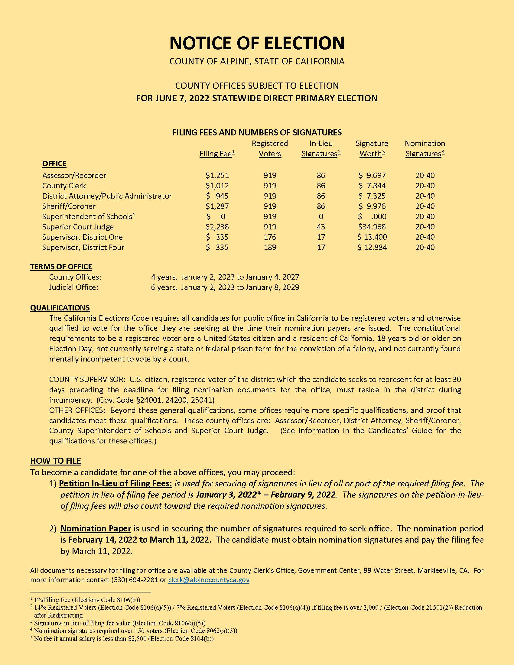 NOTICE of Election - Filing Fees June  2022