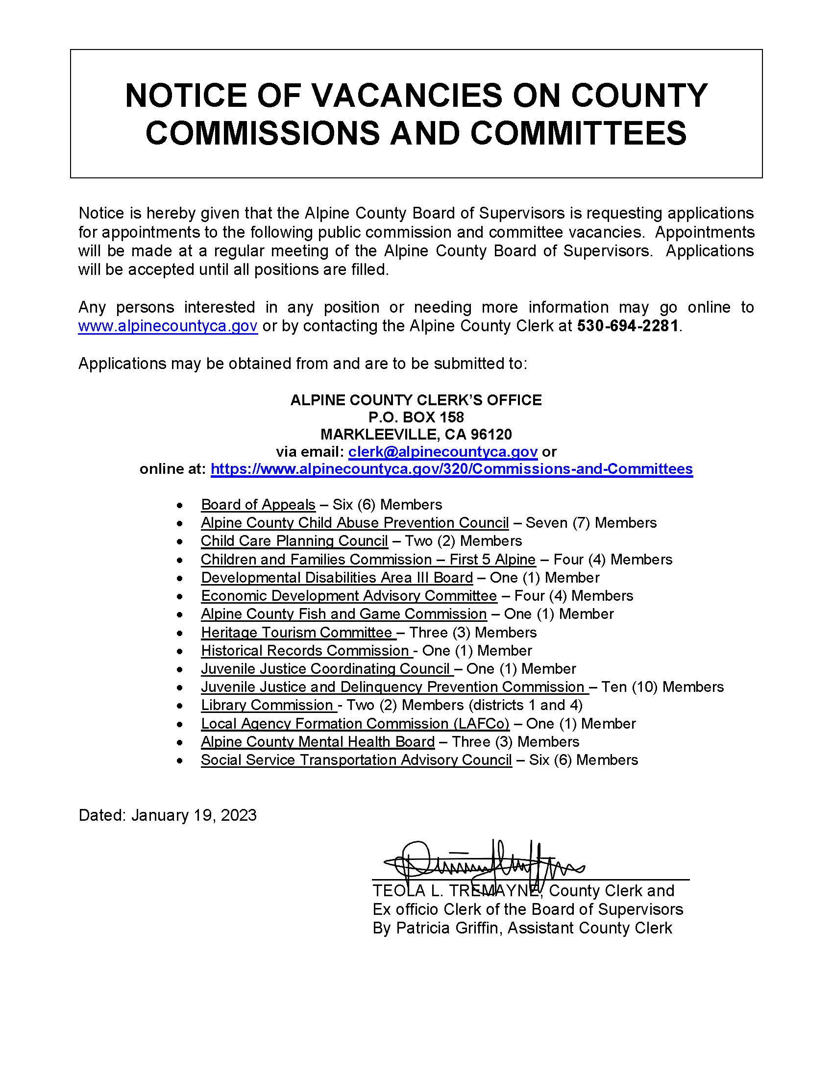 NOTICE VACANCY All 2023