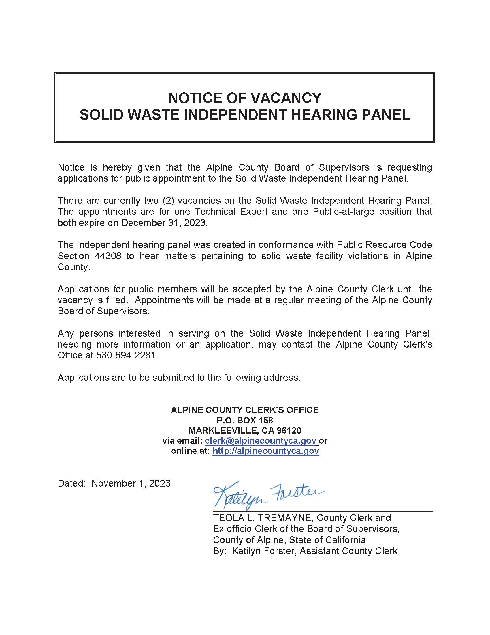 NOTICE OF VACANCY Solid Waste Independent Hearing Panel