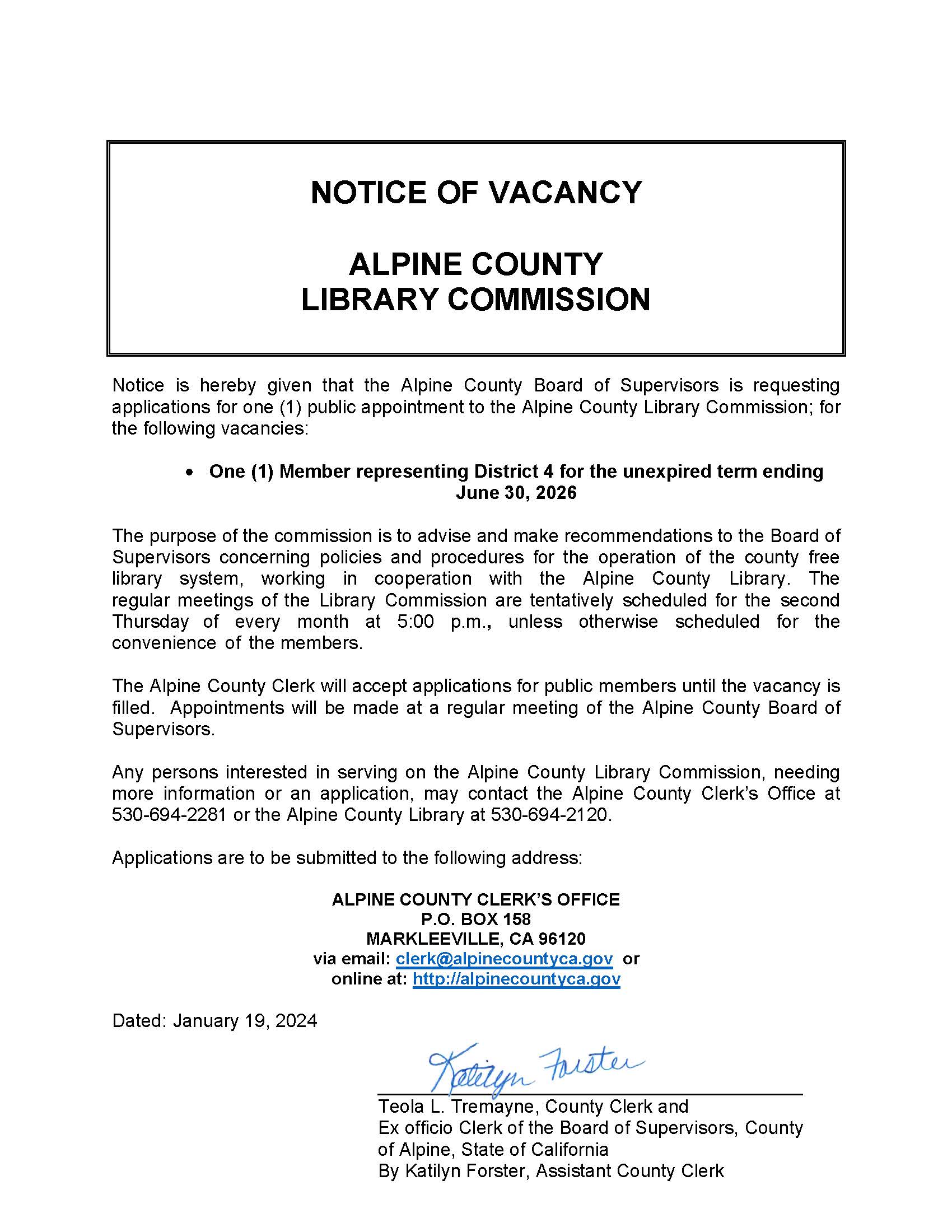 NOTICE VACANCY Library Commission