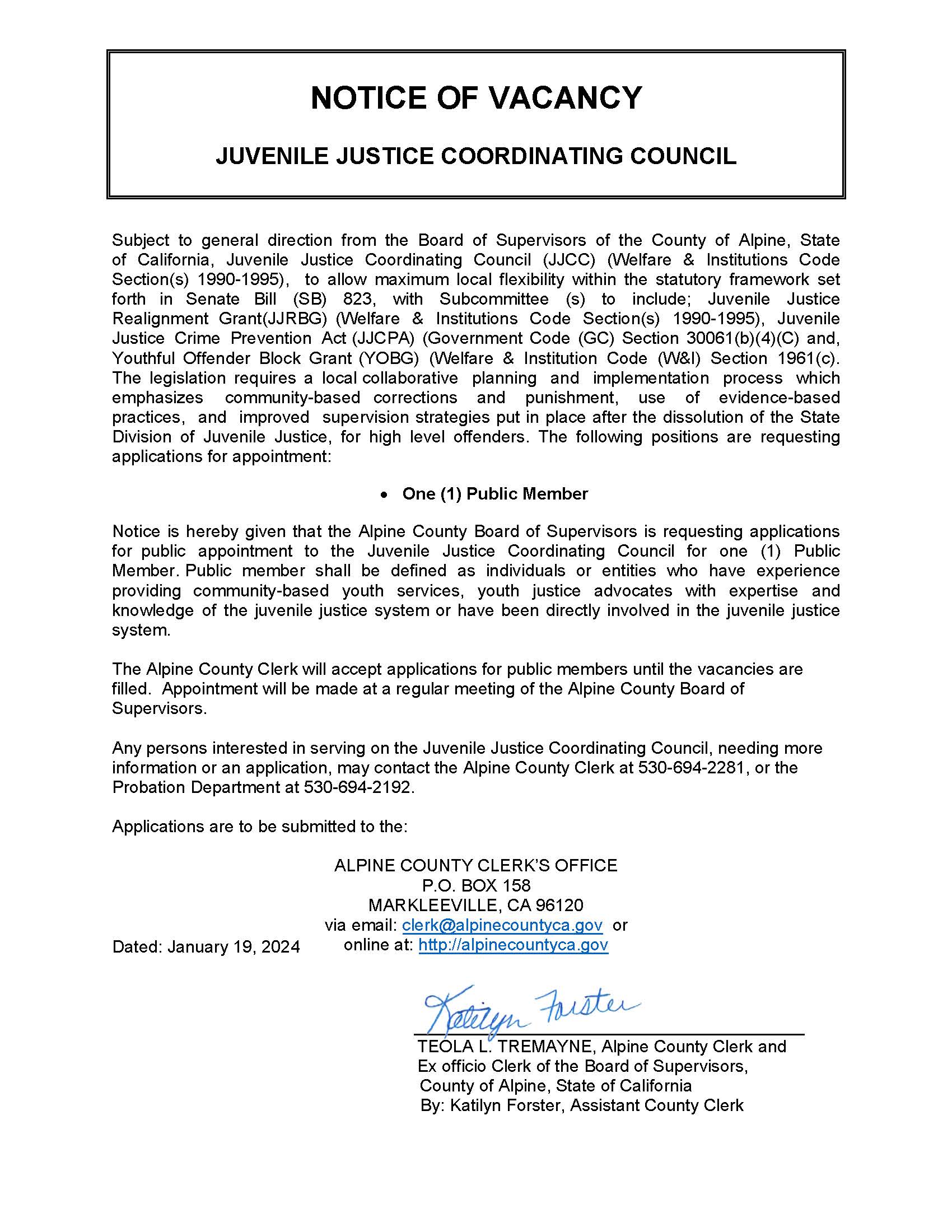 NOTICE VACANCY Juvenile Justice Coordinating Council